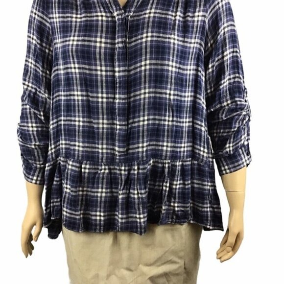 Lane Bryant Blue Plaid Ruffle Hem Top Size 18 - Picture 3 of 7